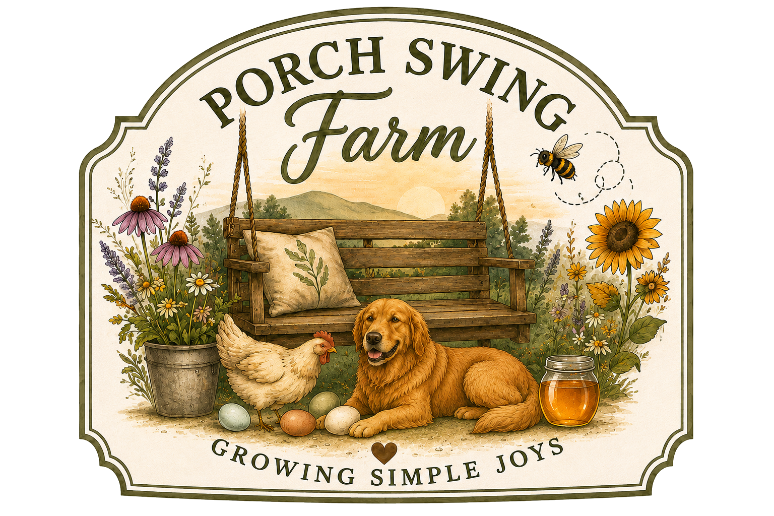 Porch Swing Farm — Growing Simple Joys, with a porch swing, Golden Retriever, chicken, bee, flowers, eggs, and honey